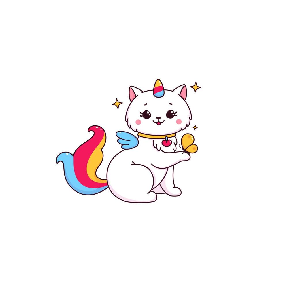 Cartoon cute caticorn playing with butterfly vector