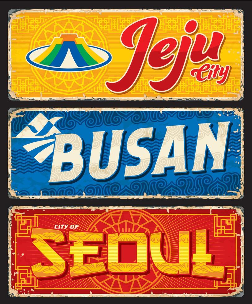 Seoul, busan, jeju travel stickers and plates vector