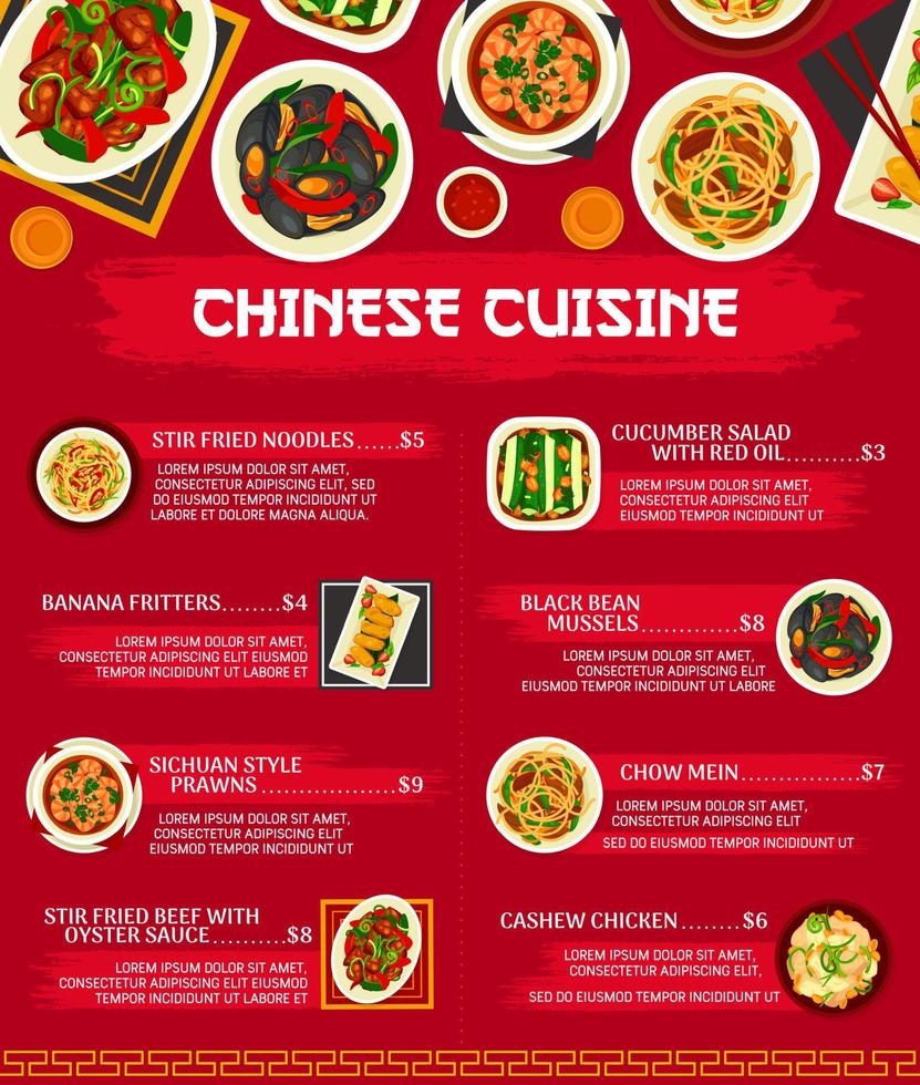 Chinese cuisine meals menu, Asian food dishes vector