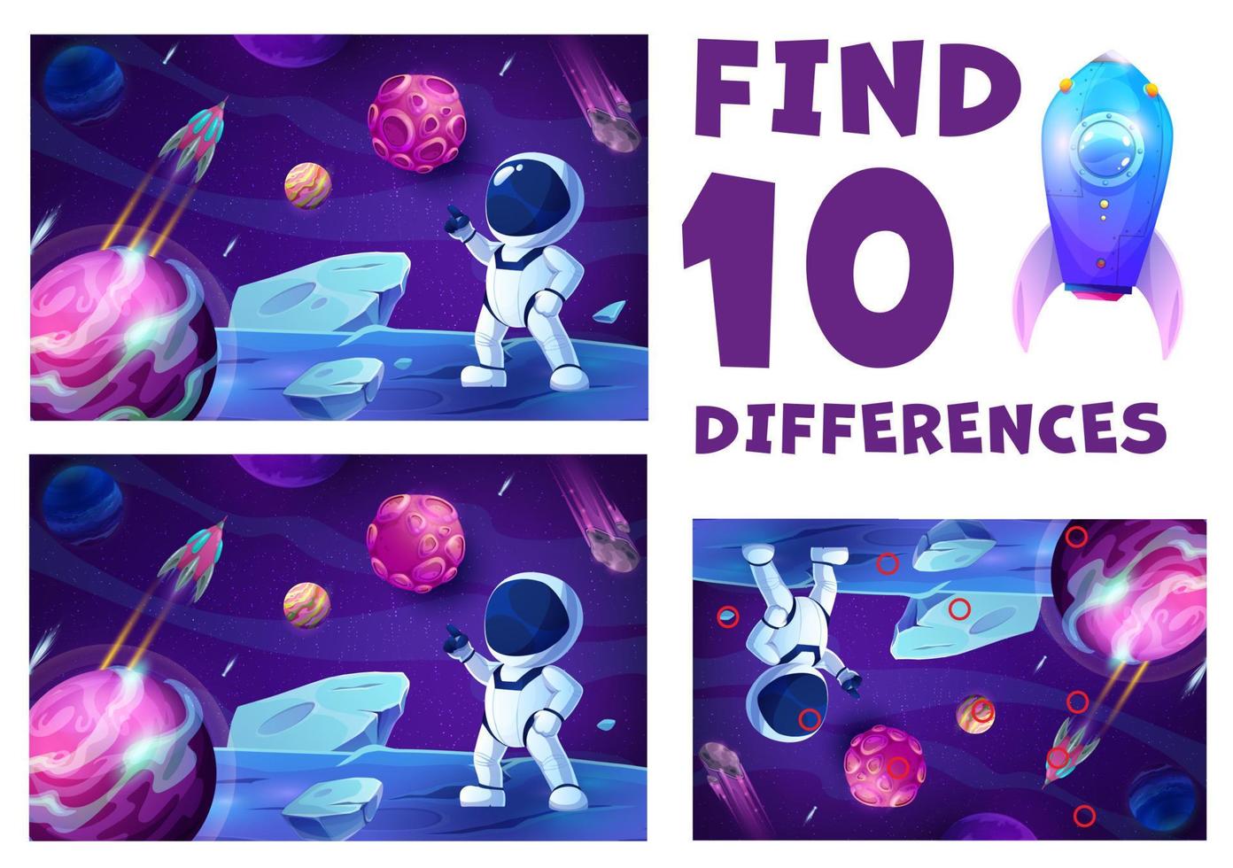 Find ten differences cartoon astronaut on planet vector