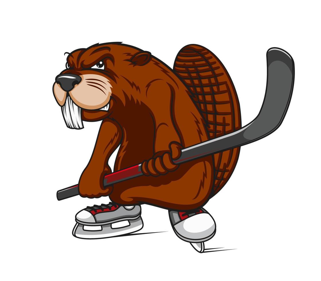 Cartoon angry beaver ice hockey player mascot vector
