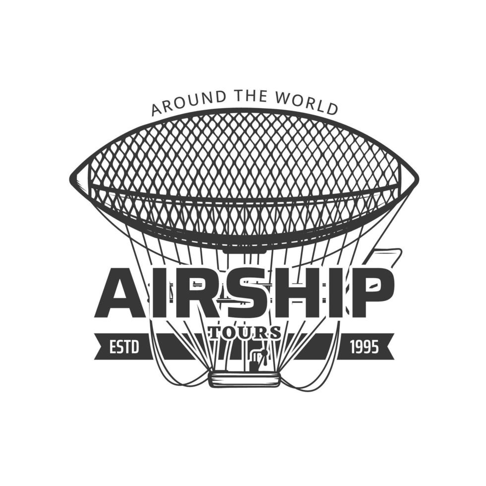 Airship tours, antique aviation travel icon vector