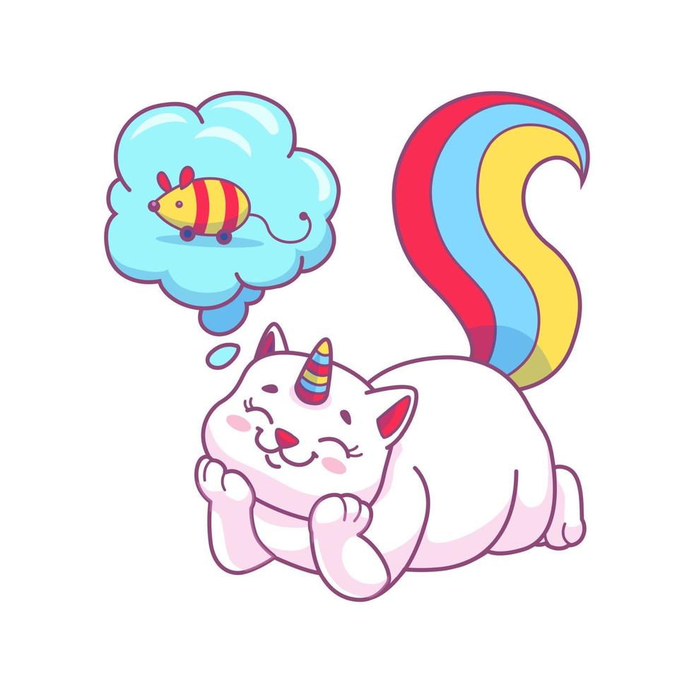 Cartoon caticorn character dreaming about mouse vector