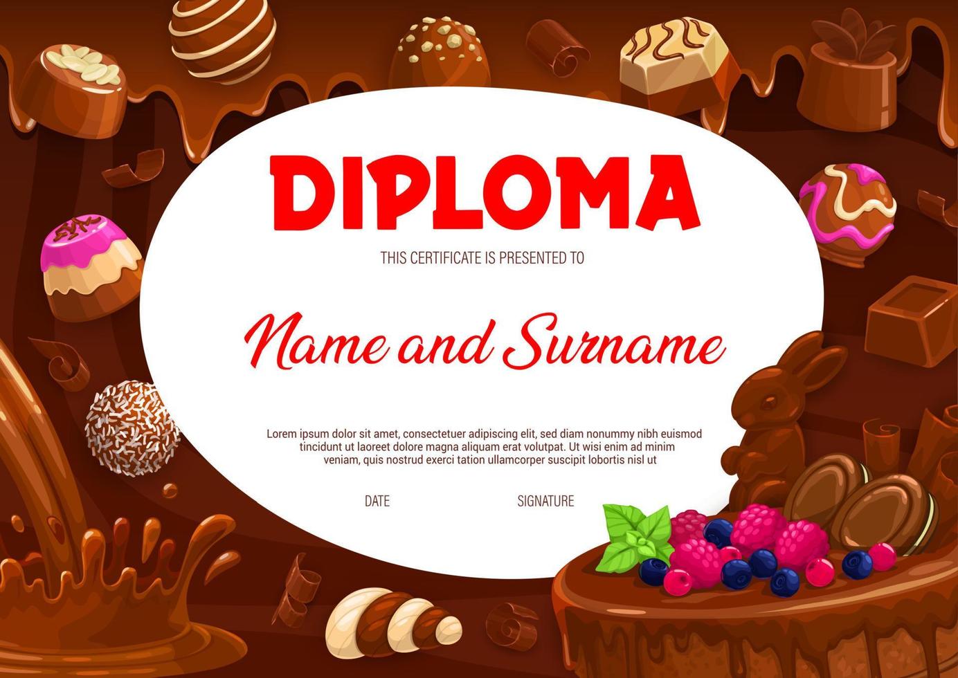 Kids diploma milk chocolate, praline and candy vector