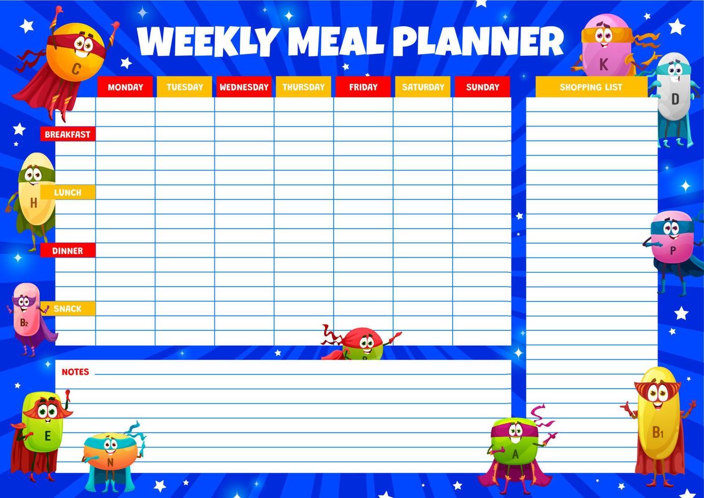 Weekly meal planner with hero vitamin characters vector