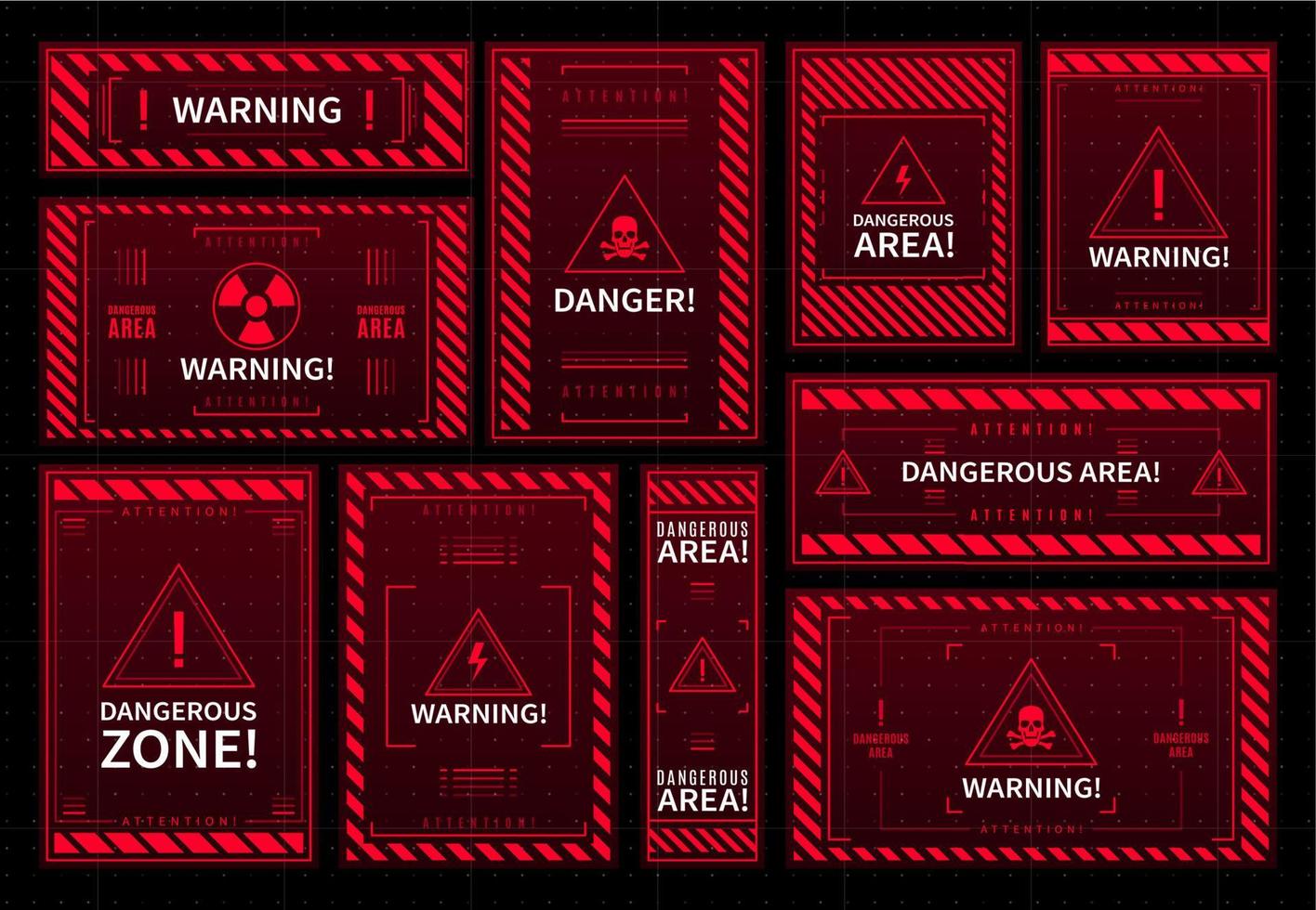 Danger area and contamination warning HUD frames vector