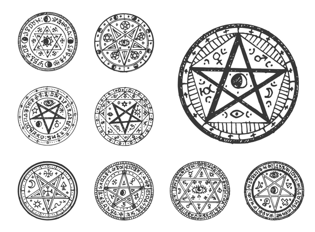 Circle magic pentagram sketch, old occult seal vector