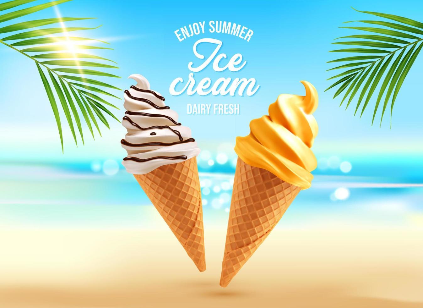 Realistic ice cream cones, summer beach dessert a vector