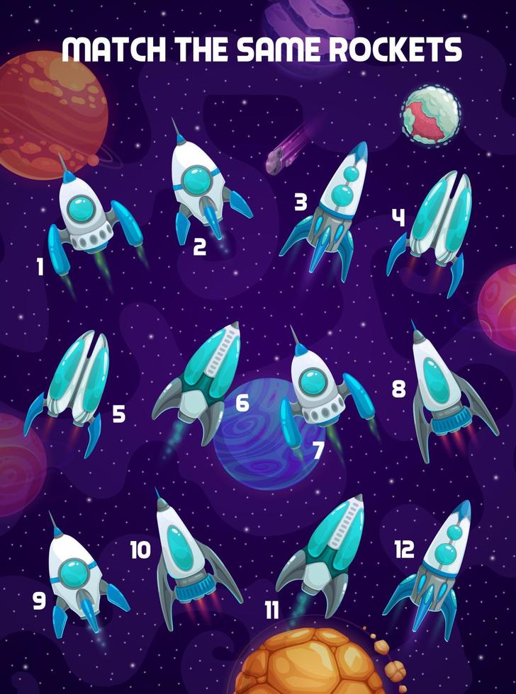 Kids game, match the same cartoon space rockets vector