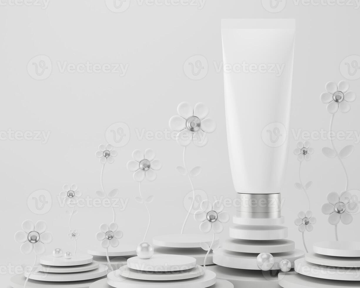 A mock up of realistic White blank cosmetic tube and spray bottle isolated on grey background, 3d rendering , 3D illustration photo