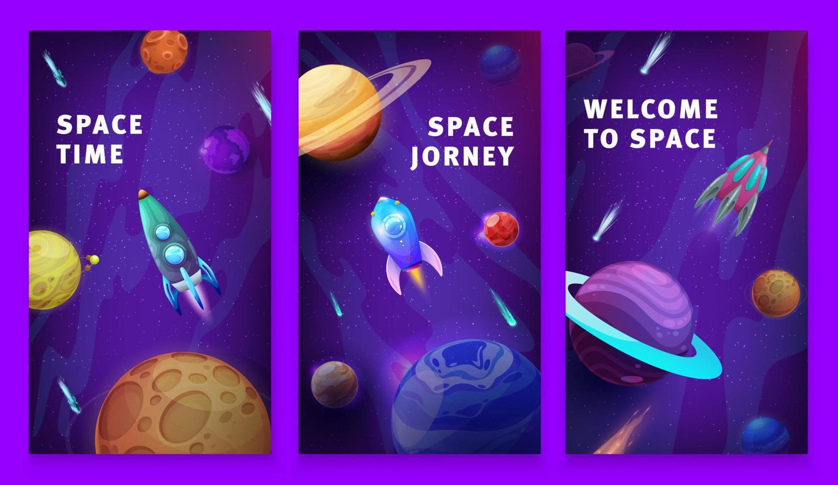 Cartoon space posters, starships in starry galaxy vector
