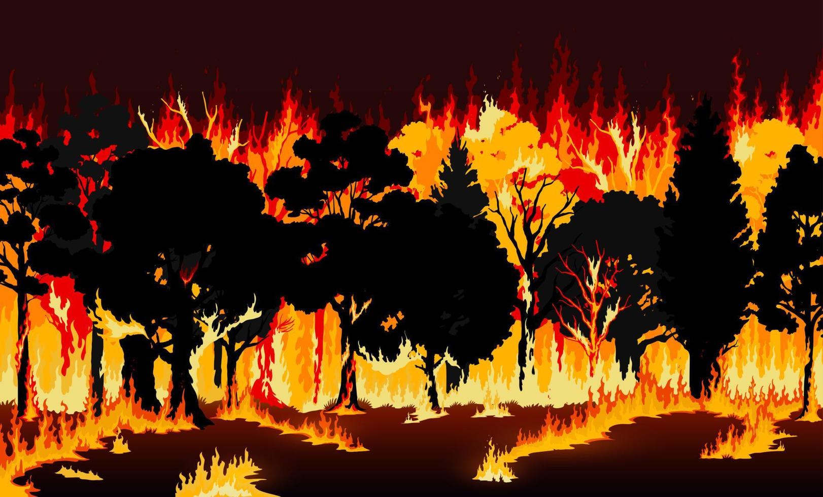 bosque fuego, ardiente arboles y césped antecedentes vector