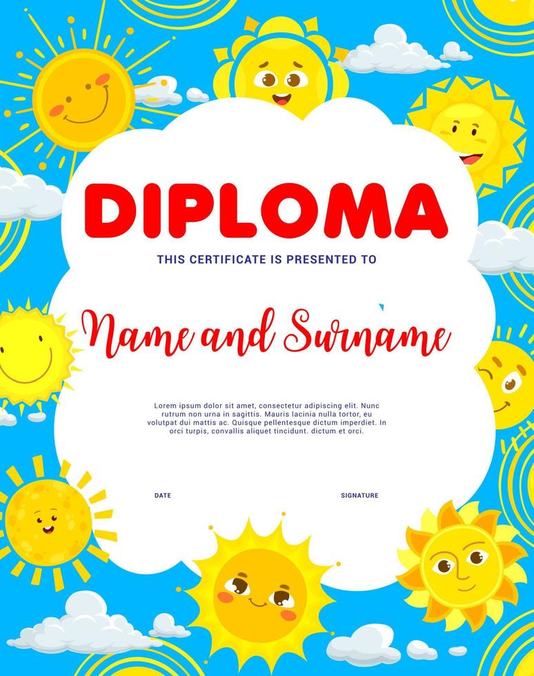 Kids diploma with funny sun cartoon characters vector