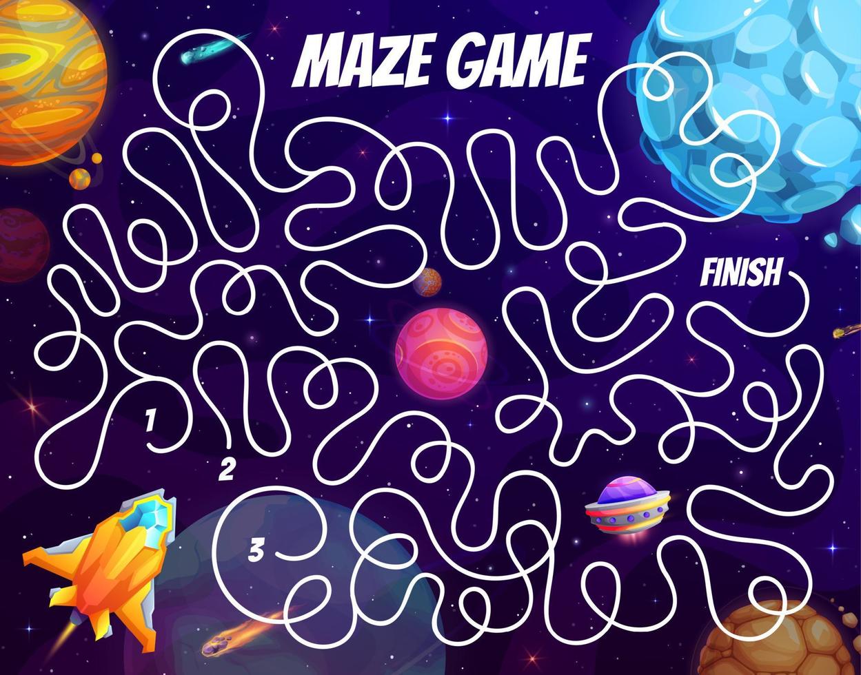 Space labyrinth maze with spaceship and planets vector