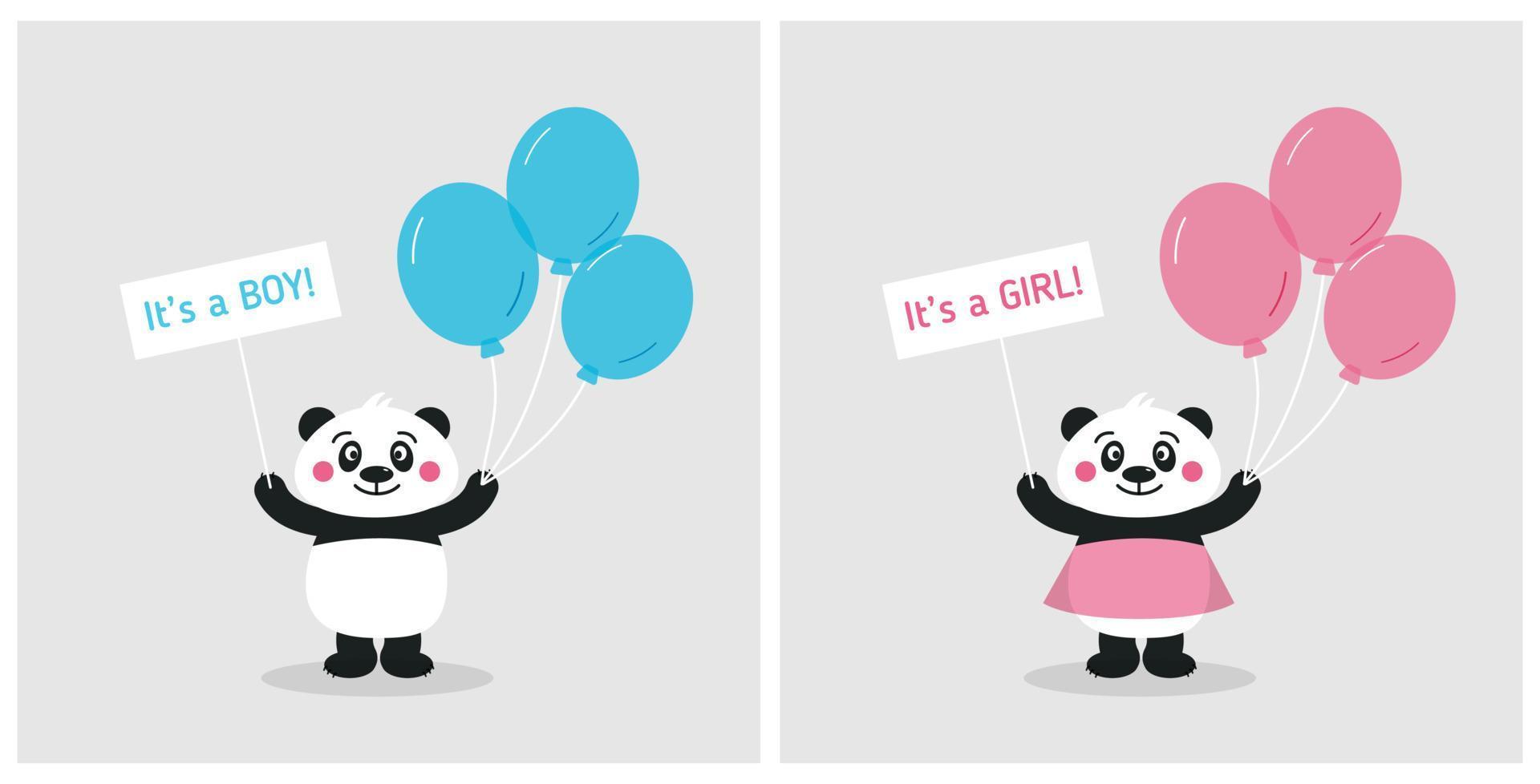 Cute baby panda square set cards for baby shower party. It's a boy. It's a girl. Vector flat illustration in blue and pink colors.