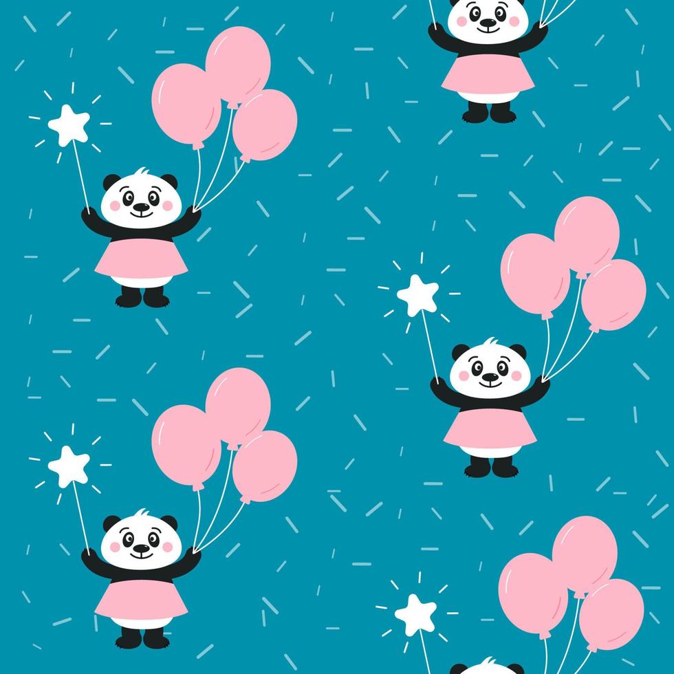 Cute baby panda little girl seamless vector pattern with balloon and star