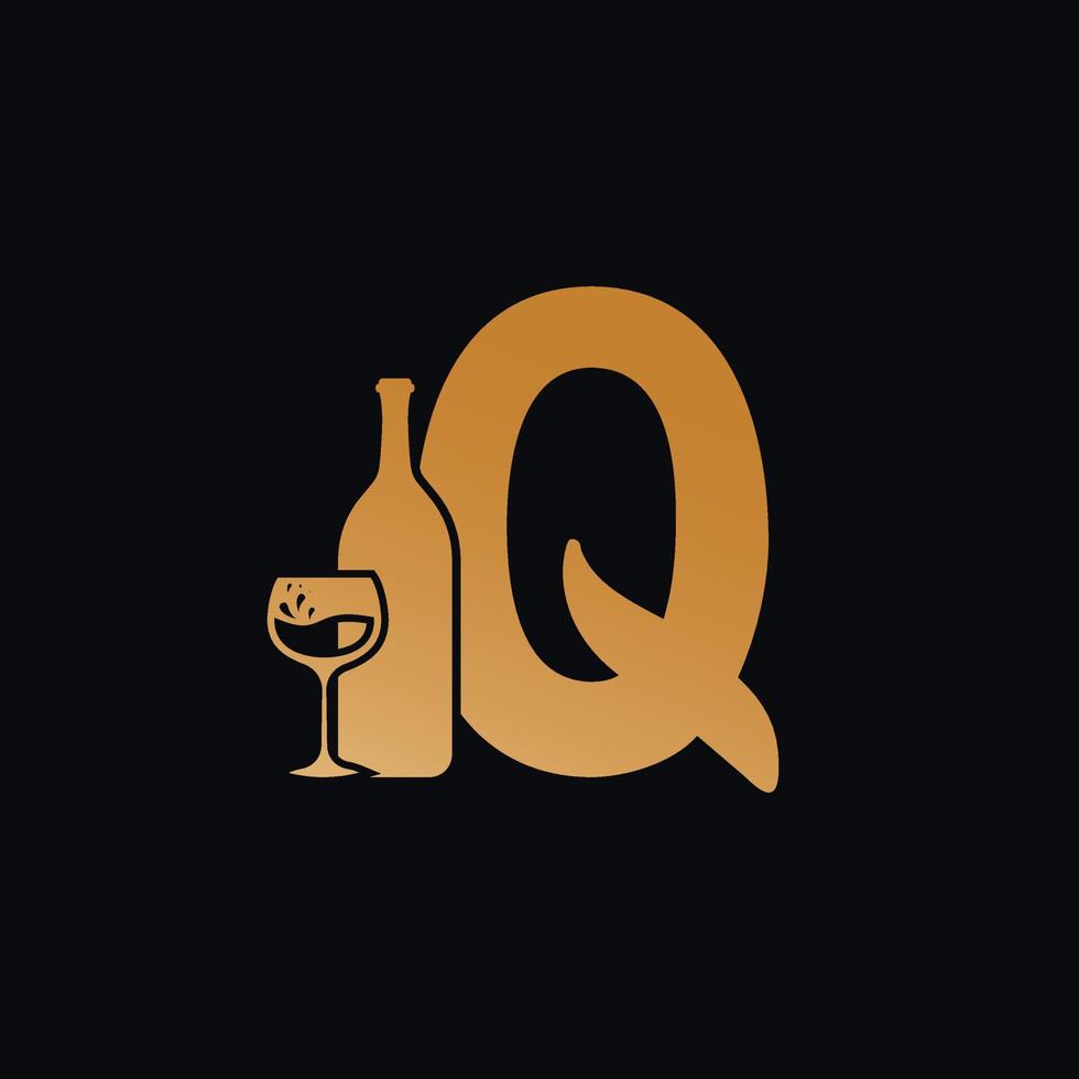 Letter Q Logo With Wine Bottle Design Vector Illustration On Black Background. Wine Glass Letter Q Logo Design