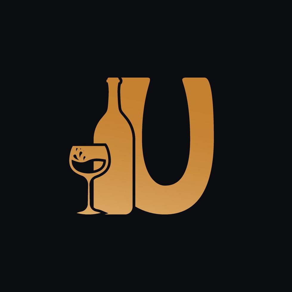 Letter U Logo With Wine Bottle Design Vector Illustration On Black Background. Wine Glass Letter U Logo Design