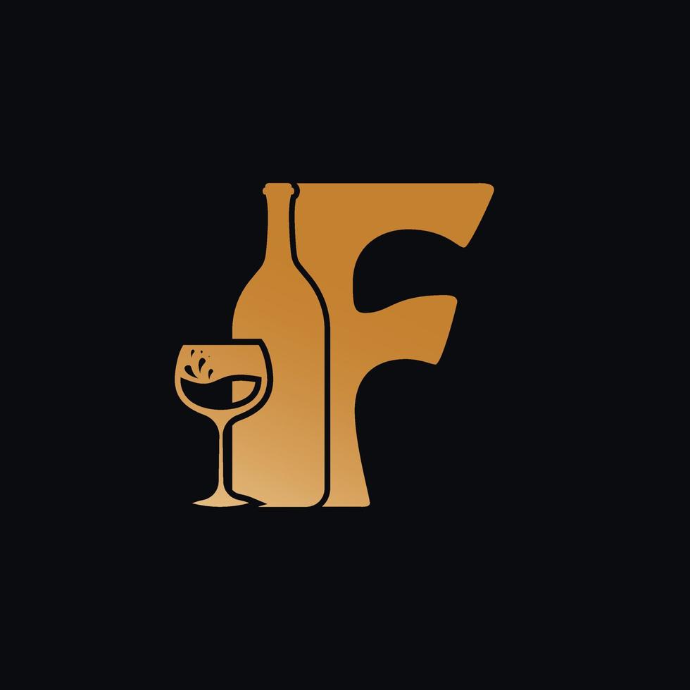 Letter F Logo With Wine Bottle Design Vector Illustration On Black Background. Wine Glass Letter F Logo Design