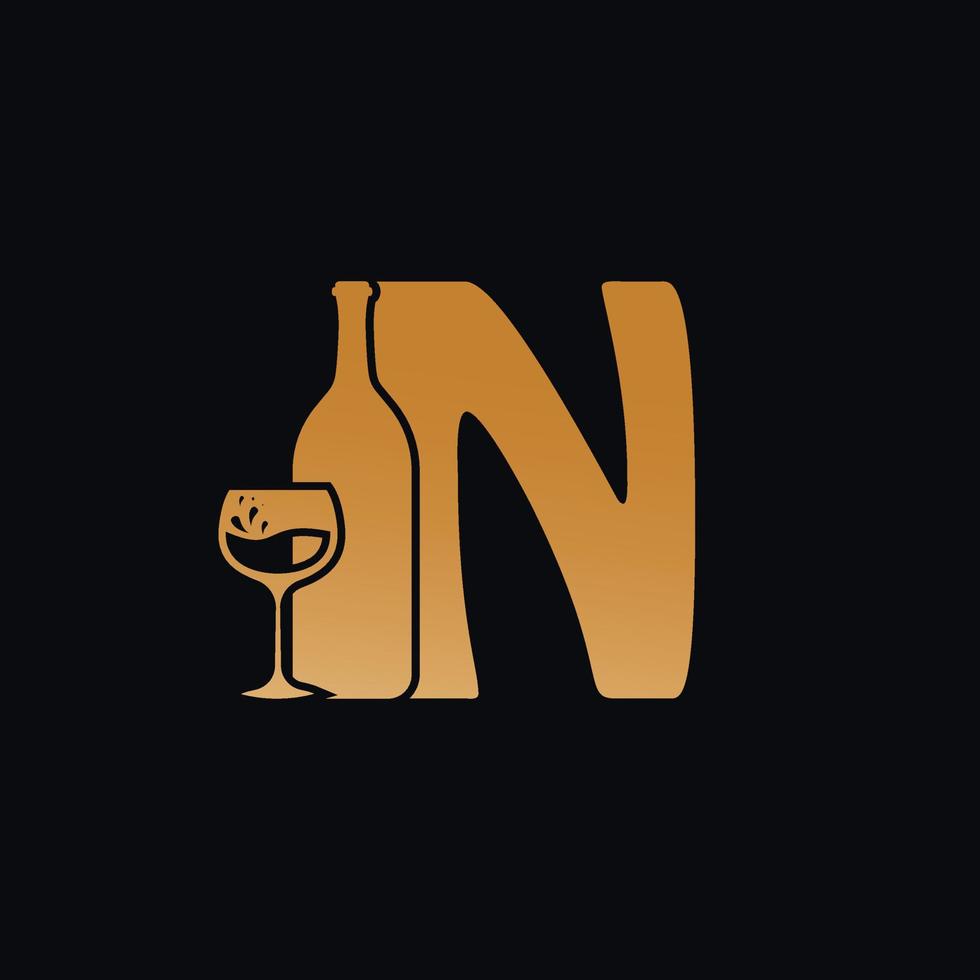 Letter N Logo With Wine Bottle Design Vector Illustration On Black Background. Wine Glass Letter N Logo Design