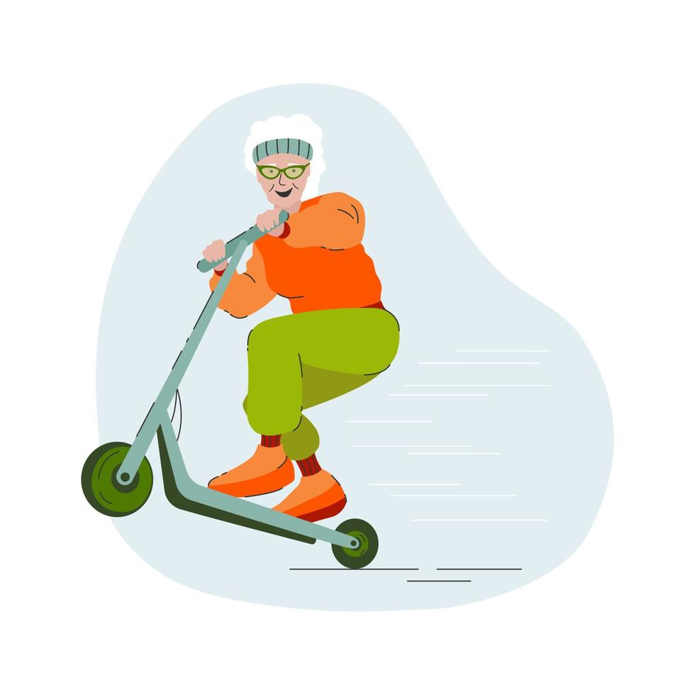 un divertido, moderno abuela montando un eléctrico scooter, vector imagen.