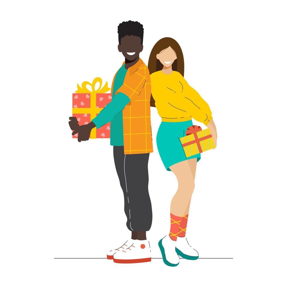 Black guy and white girl with gifts vector