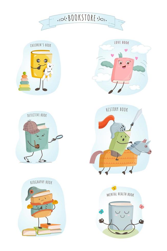 a set of book illustrations stylised as cute characters for an online bookshop vector