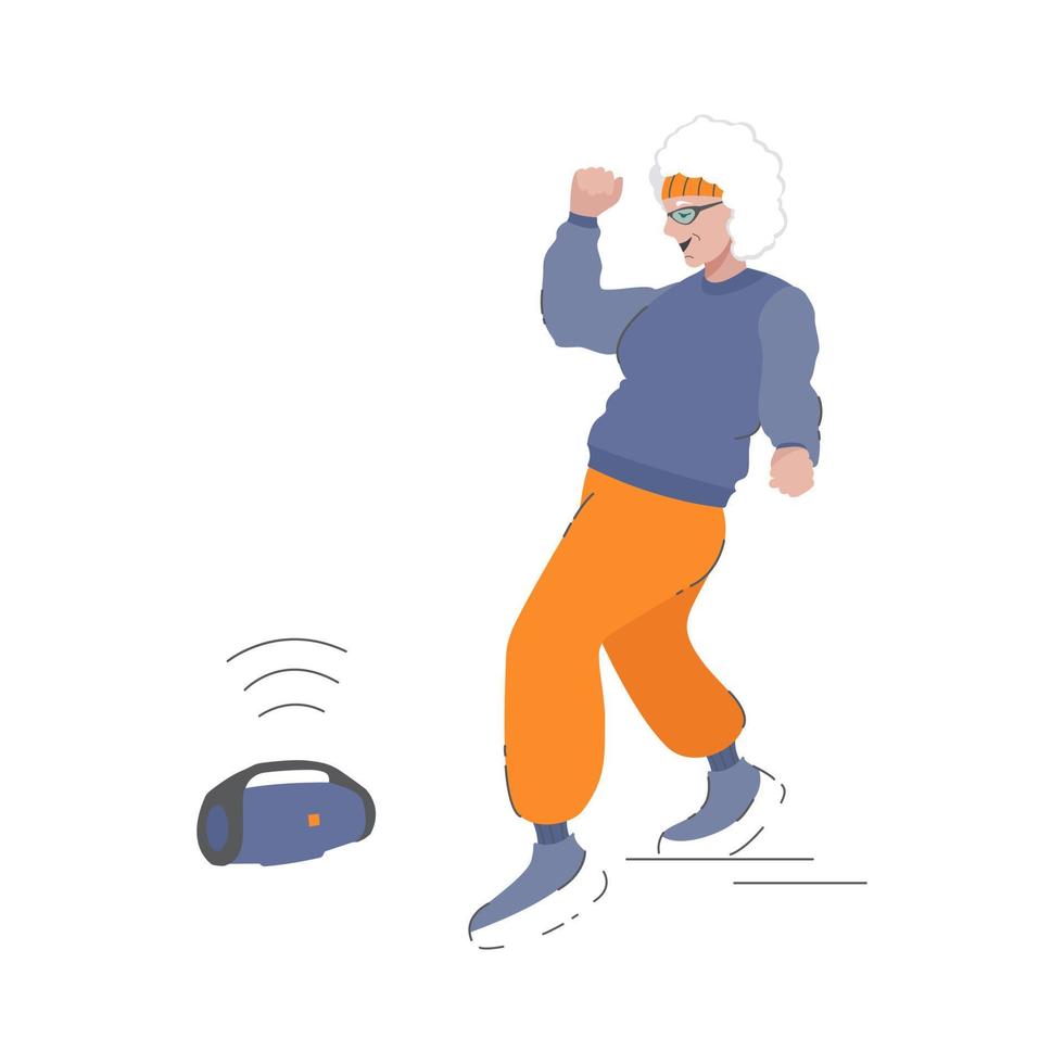 A fashionable grandmother dances a modern dance to music coming from a music speaker. vector