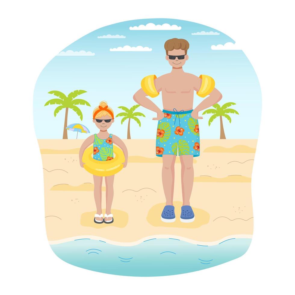 papá y hija en el playa, familia juntos, vacaciones, viaje vector