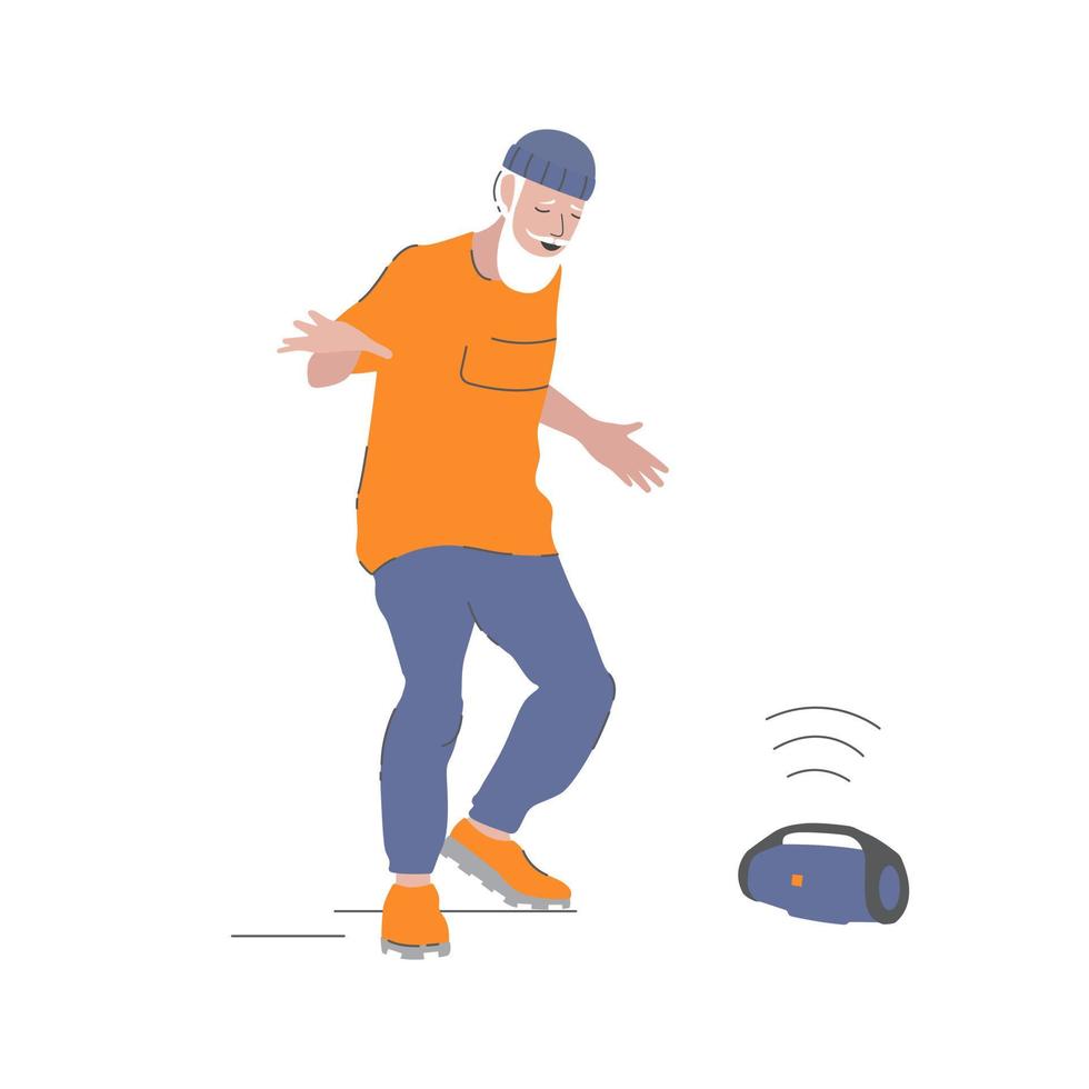 A fancy old man dances a modern dance to music coming from a music speaker. vector
