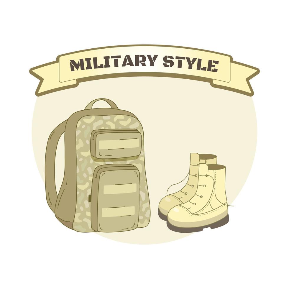 esta ilustración muestra un estilo militar mochila y botas vector