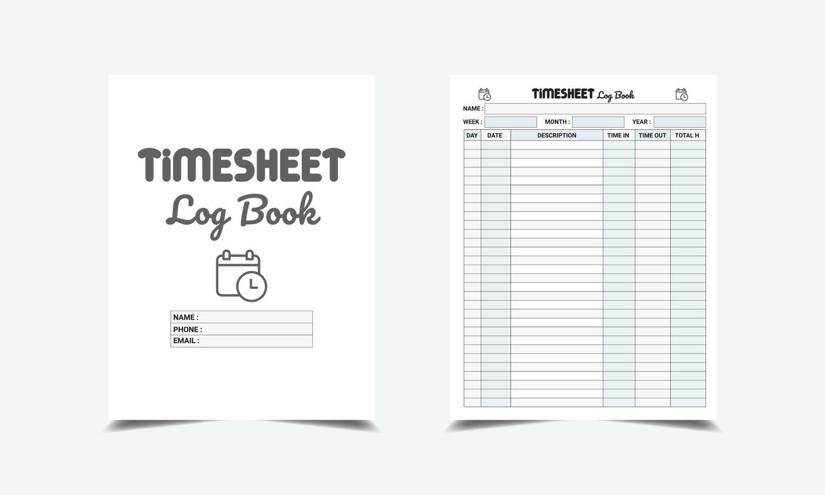 Timesheet Log Book kdp interior. Worker time management and work hour tracker journal interior vector