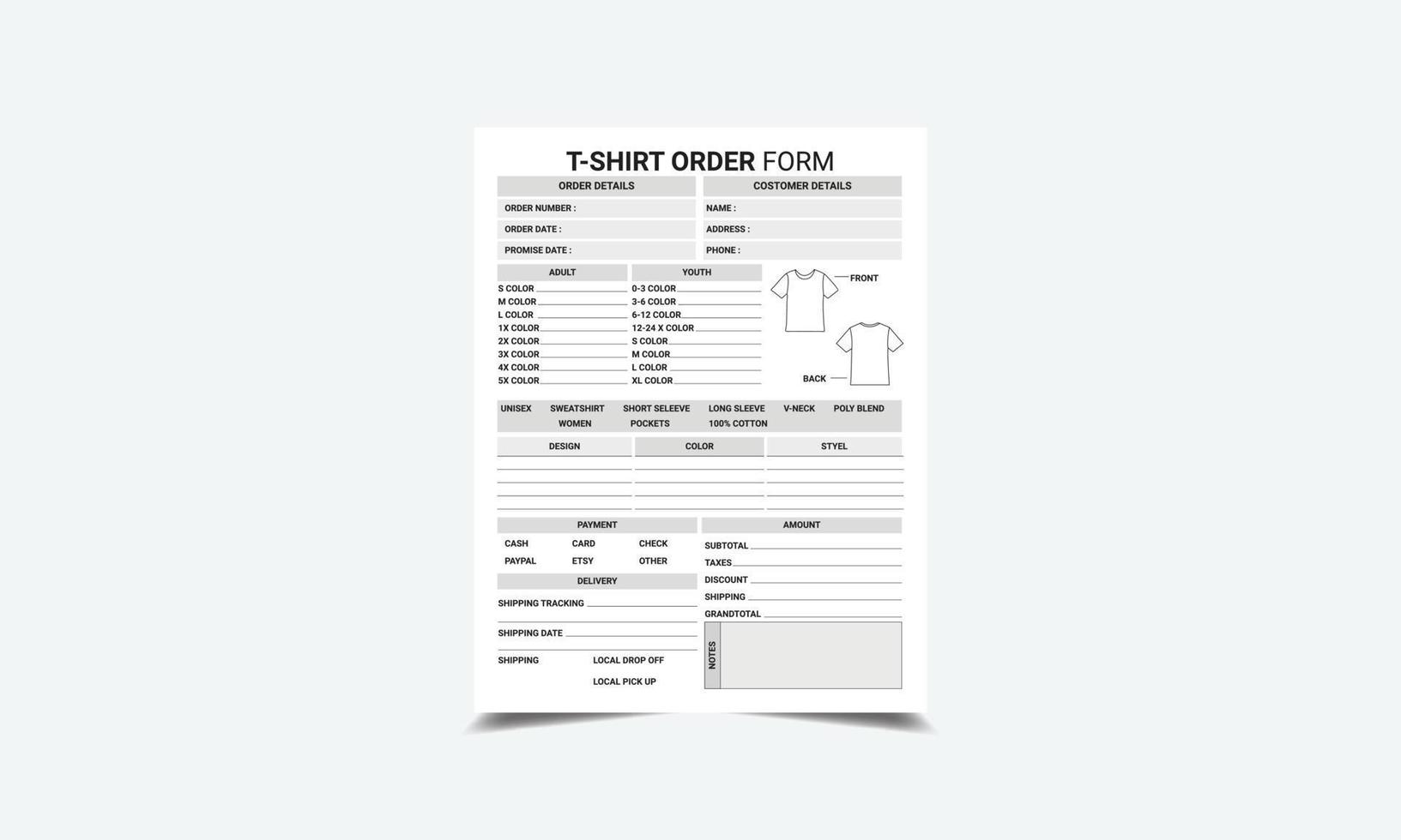 T-shirt Order Book T-shirt Order Form kdp interior vector