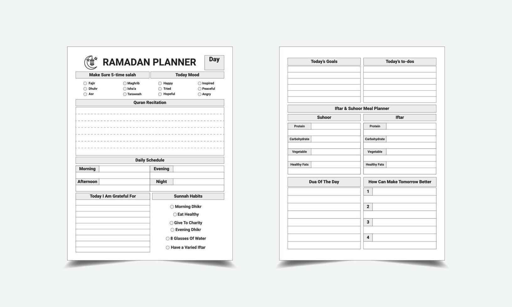 Ramadan Planner and Journal for KDP interior. Ramadan activity and fasting experience tracker. vector