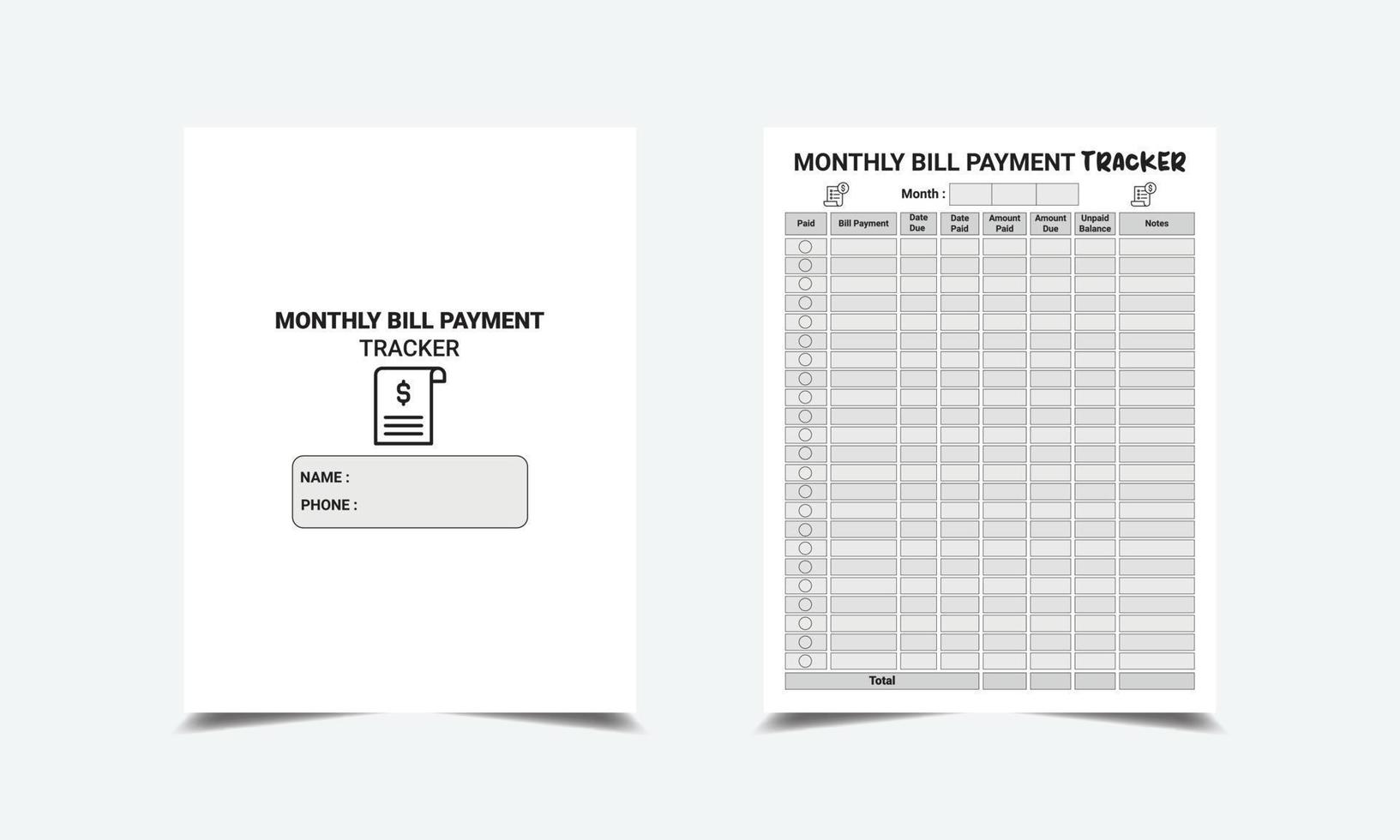 Monthly Bill Payment Tracker kdp interior vector