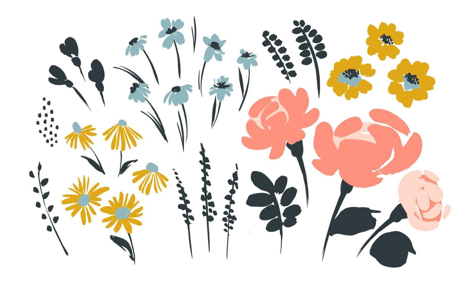 conjunto de resumen floral diseño elementos. hojas, flores, césped, ramas vector ilustraciones