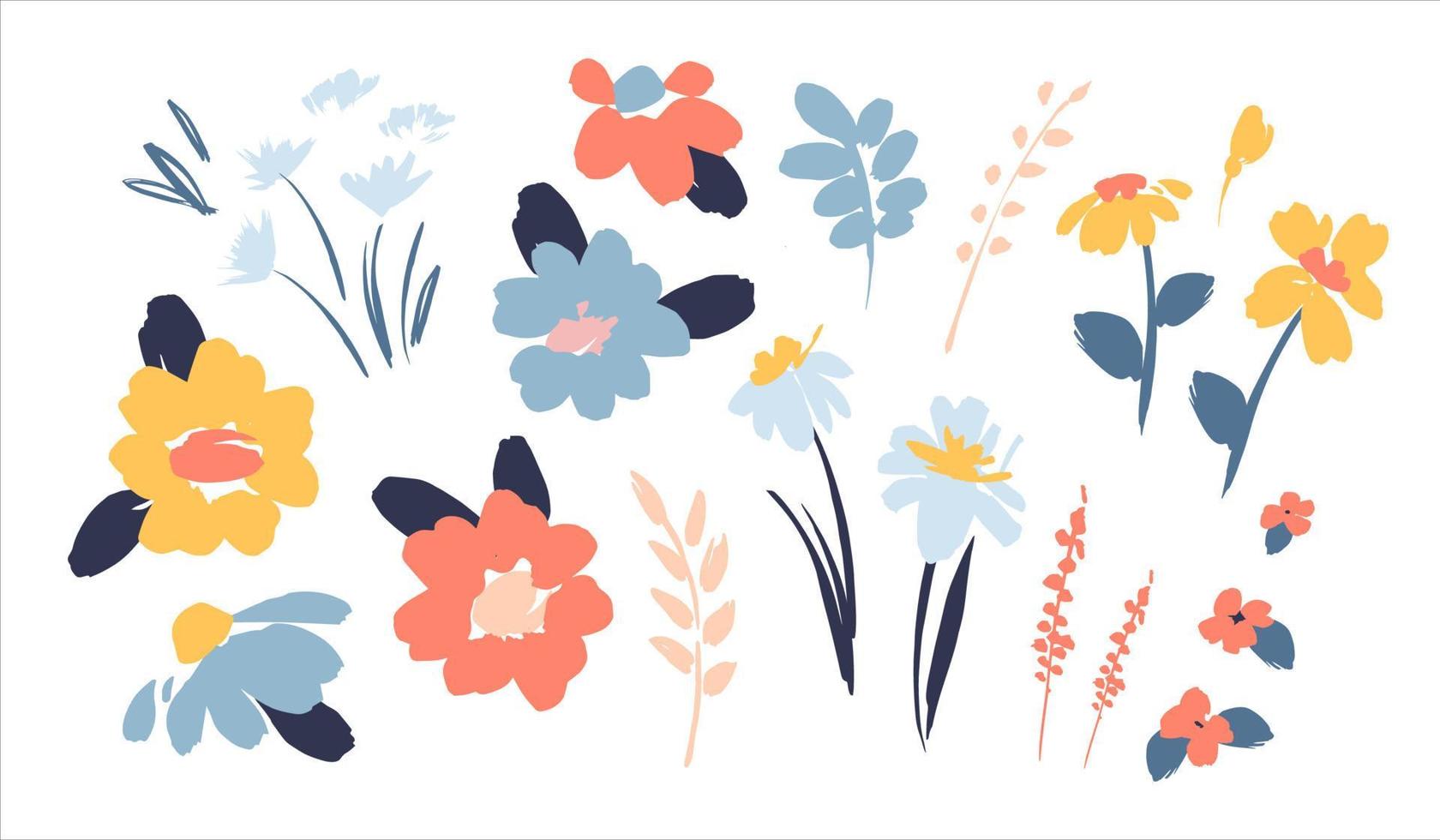 Set of abstract floral design elements. Leaves, flowers, grass, branches Vector illustrations