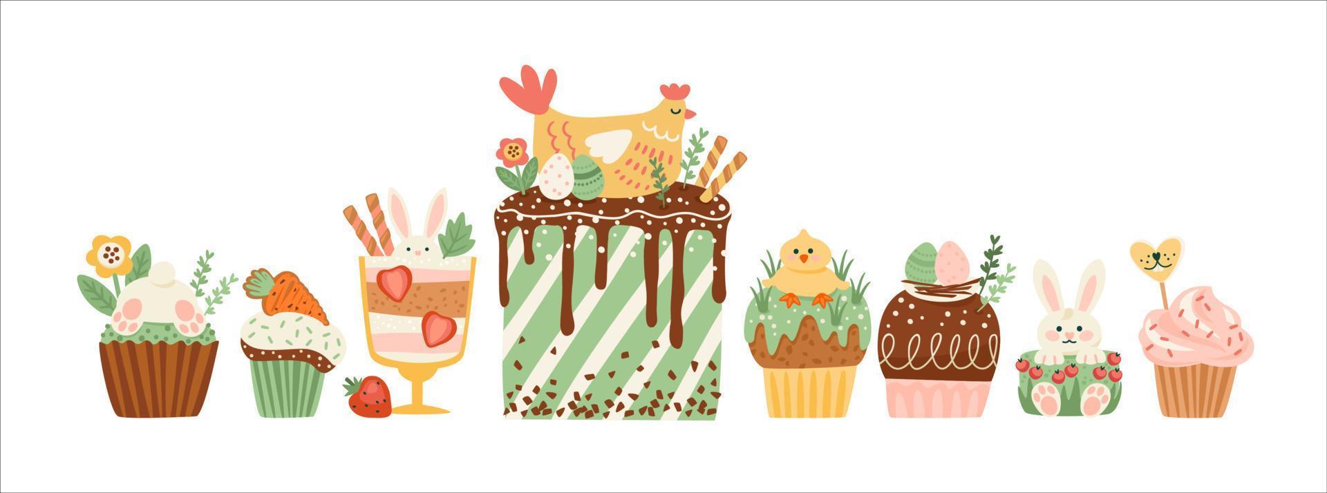 Easter isolated illustration with funny sweets. Cupcake, cake, dessert with easter symbols. Vector design template.