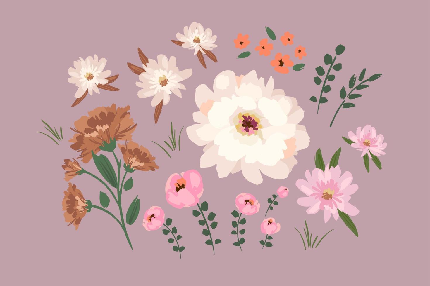 Set of abstract floral design elements. Leaves, flowers, grass, branches Vector illustrations