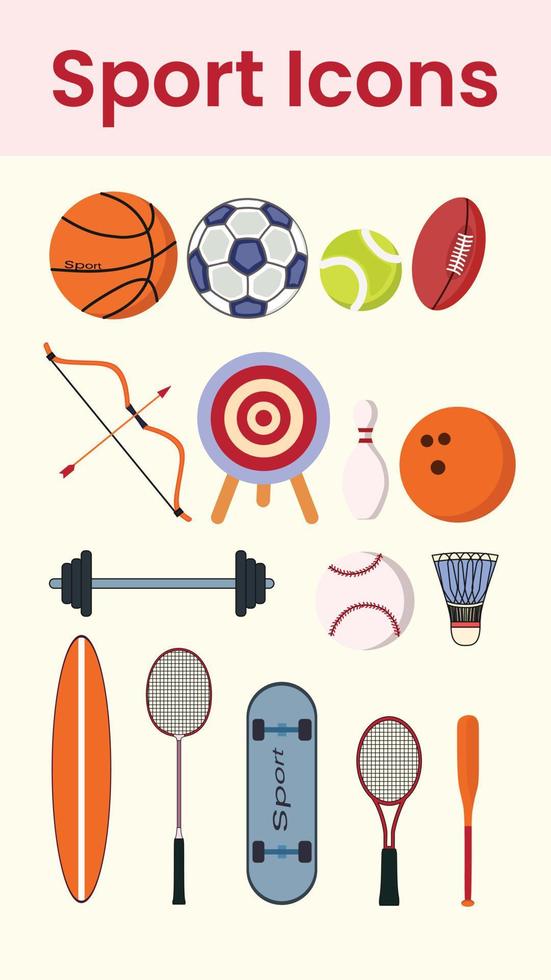 deporte íconos ilustración con pelota, raqueta, navegar junta, baloncesto, arco vector