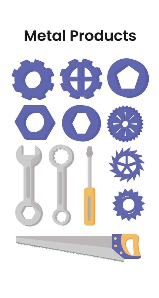 Metal products with gear, wrench, screwdriver, and nuts vector