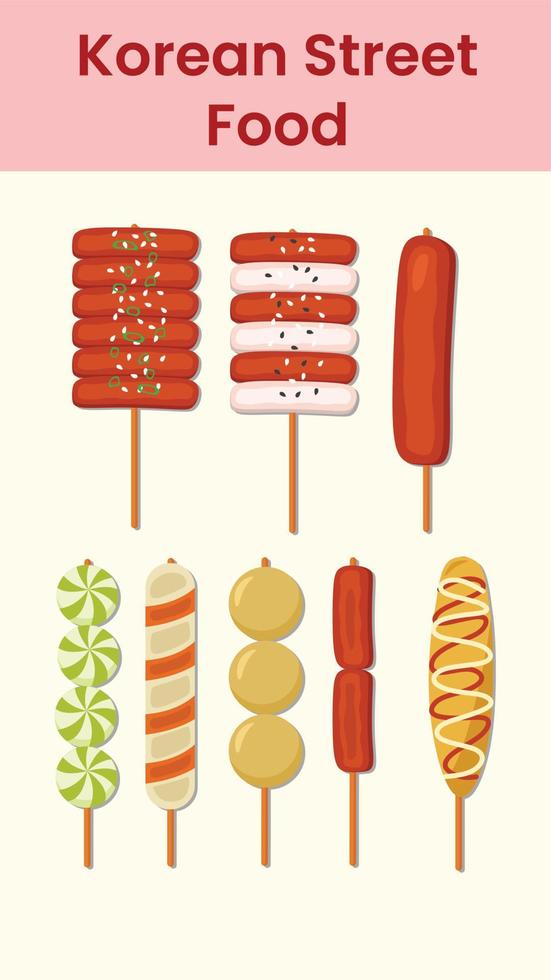 Korean street food icon illustration with Sticky rice cake, meat ball, and sausage vector