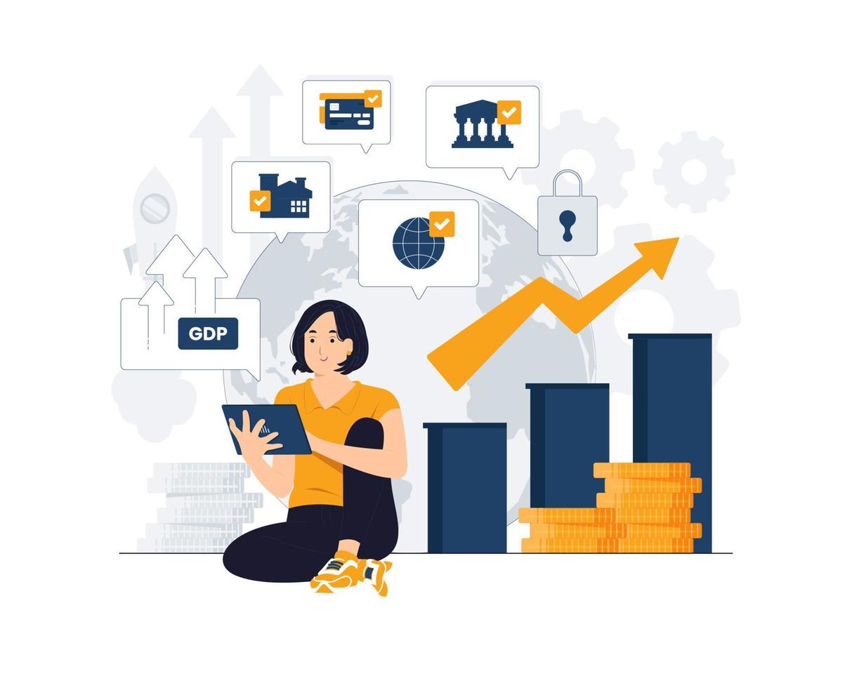 GDP gross domestic product per capita, ascending economical statistics data arrow. National earning profit measurement and index integrating concept illustration vector