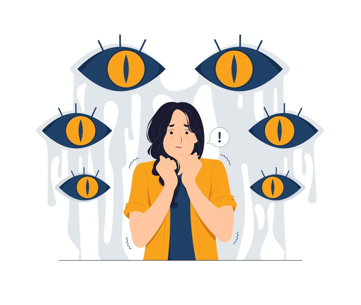 Spooky eyes looking at Frightened girl scared of dark at night, surrounded by giant eyes, Schizophrenia, post-traumatic stress disorder, shocked concept illustration vector