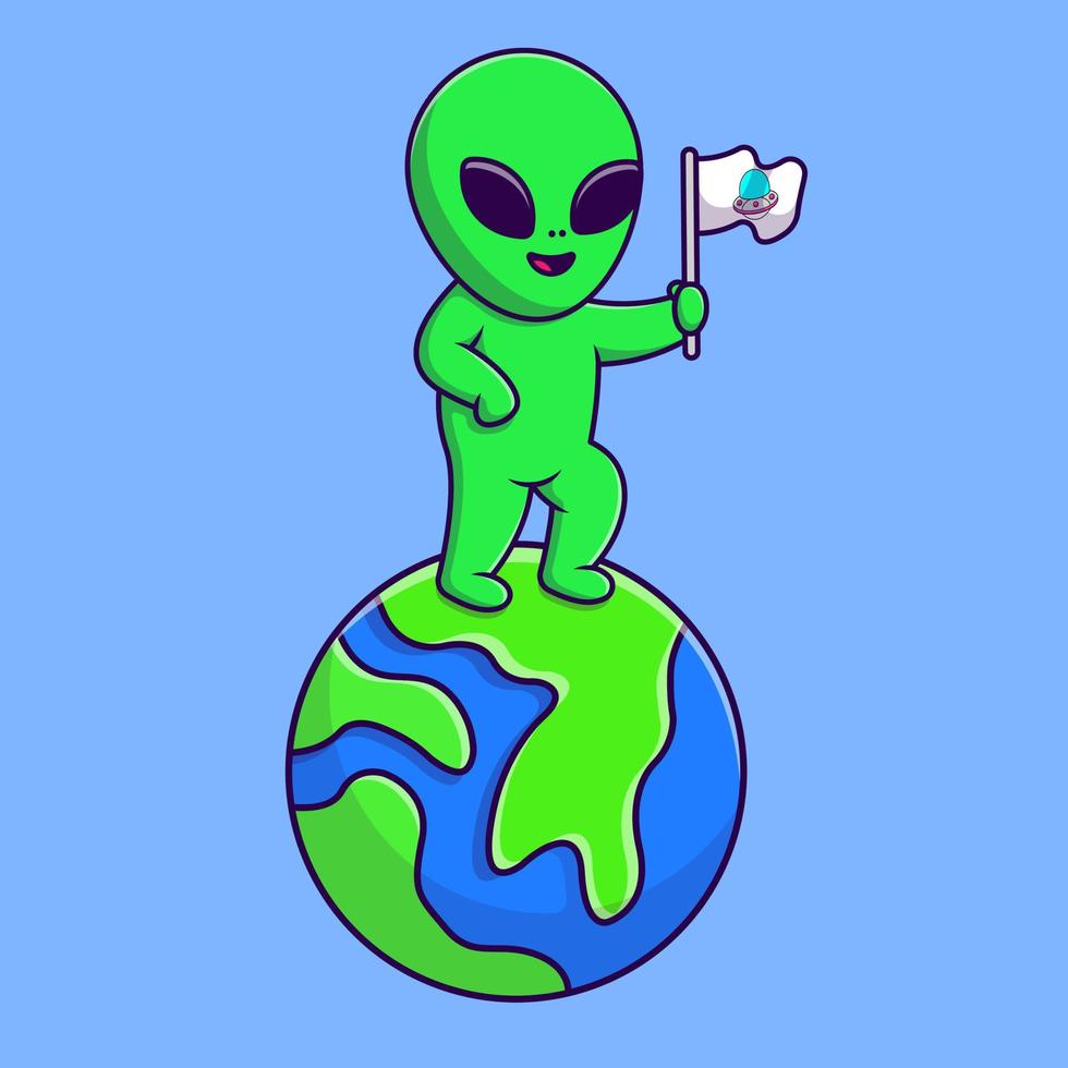 Cute Alien Holding Flag On Earth Cartoon Vector Icons Illustration. Flat Cartoon Concept. Suitable for any creative project.