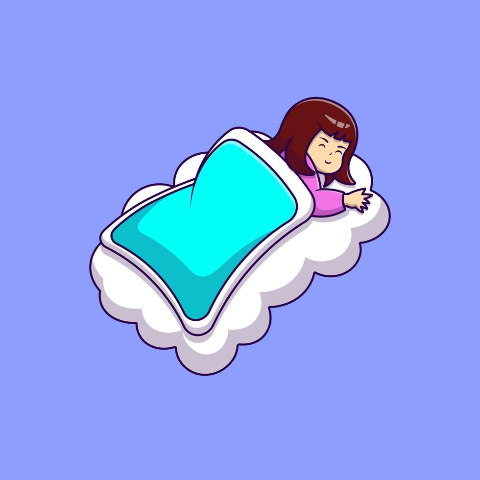 Cute Girl Wearing Blanket Sleeping On Cloud Cartoon Vector Icons Illustration. Flat Cartoon Concept. Suitable for any creative project.