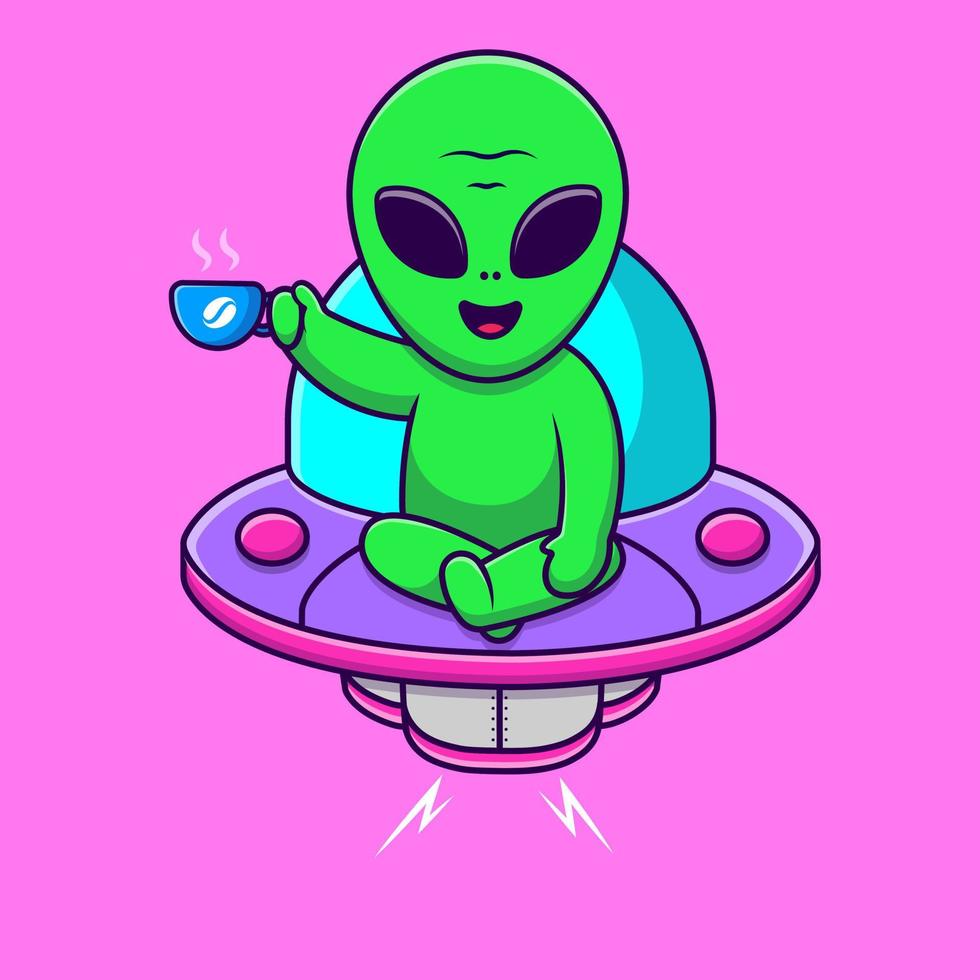 Cute Alien Sitting On Ufo Drink Hot Coffee Cup Cartoon Vector Icons Illustration. Flat Cartoon Concept. Suitable for any creative project.