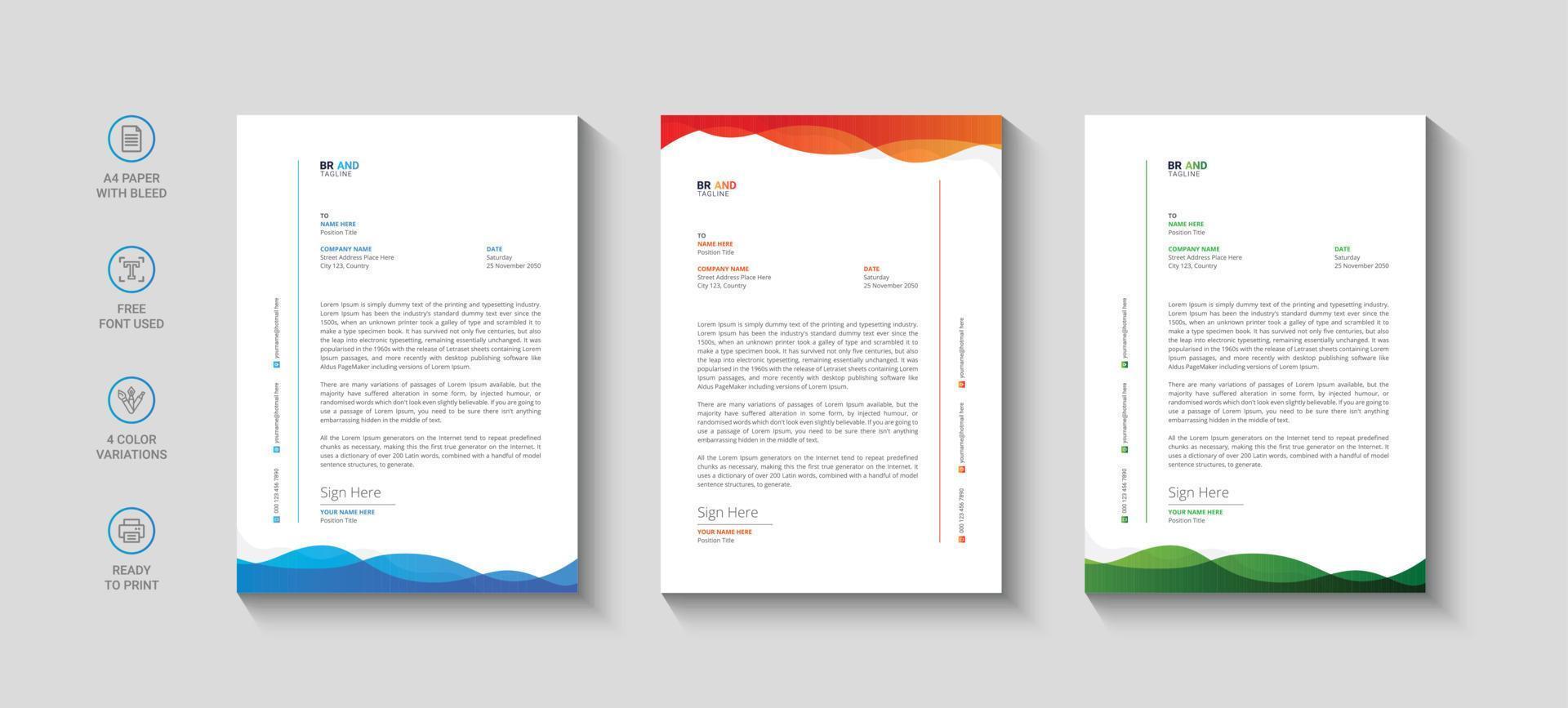 Business letterhead, Letterhead template with various colors, Letterhead template in flat style, Modern company letterhead template design vector