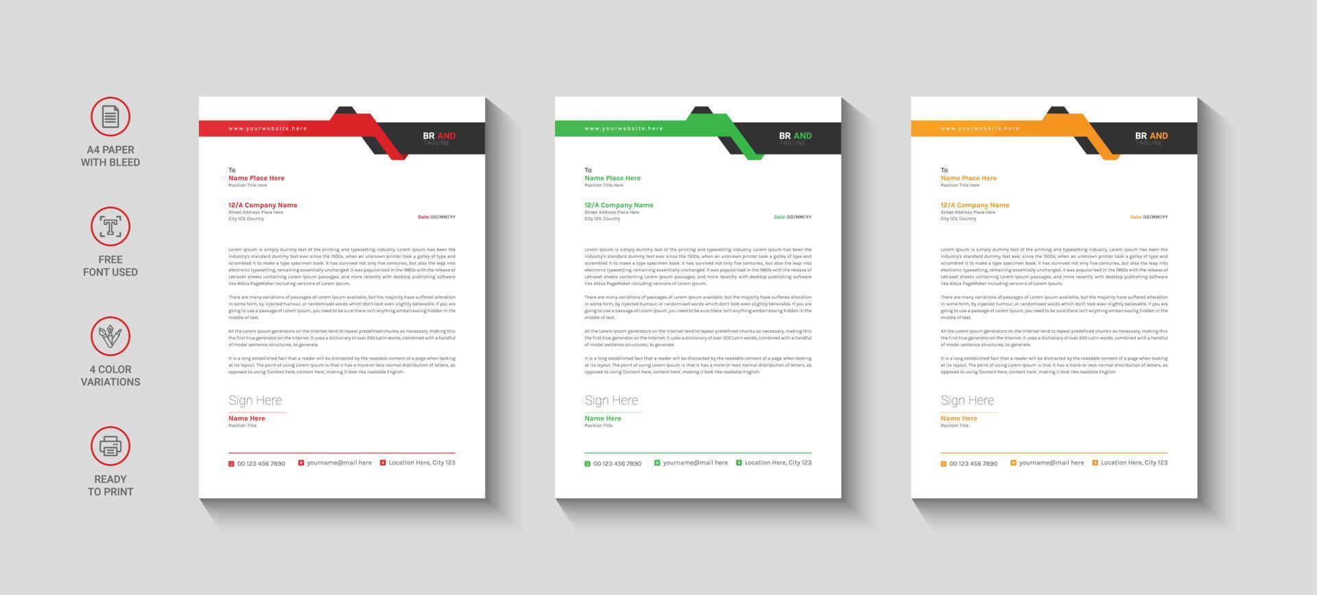 Business letterhead, Letterhead template with various colors, Letterhead template in flat style vector