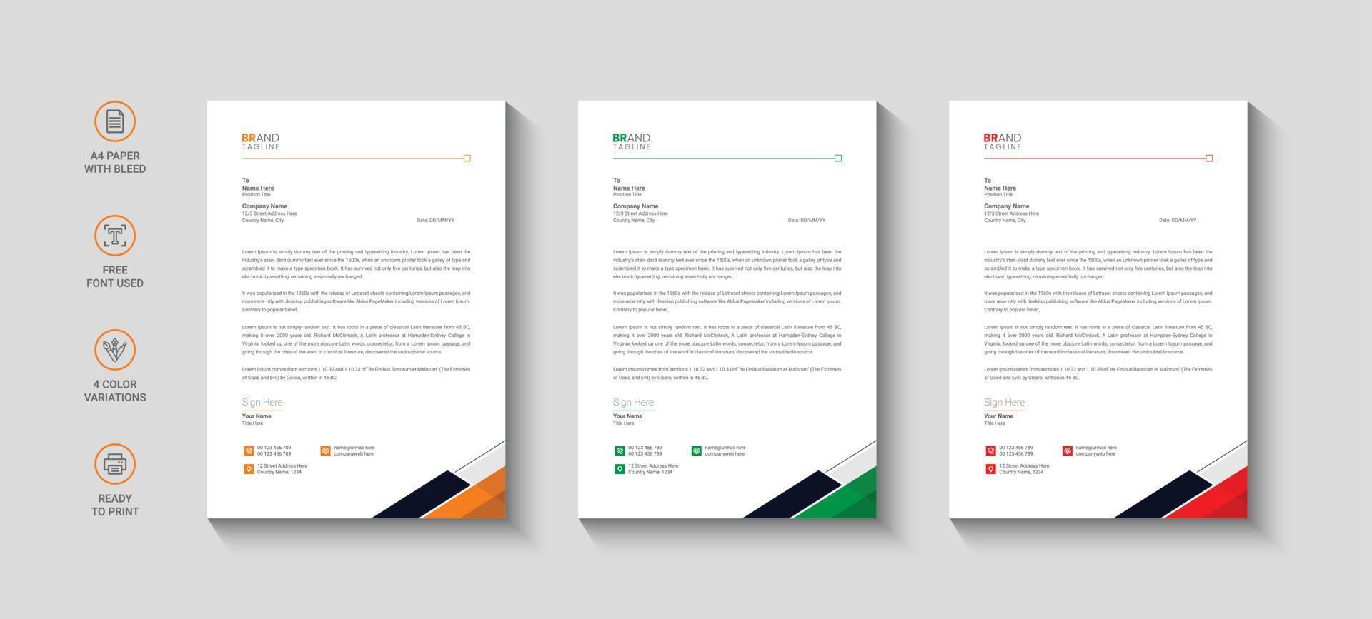 Business letterhead, Letterhead template with various colors, Letterhead template in flat style vector